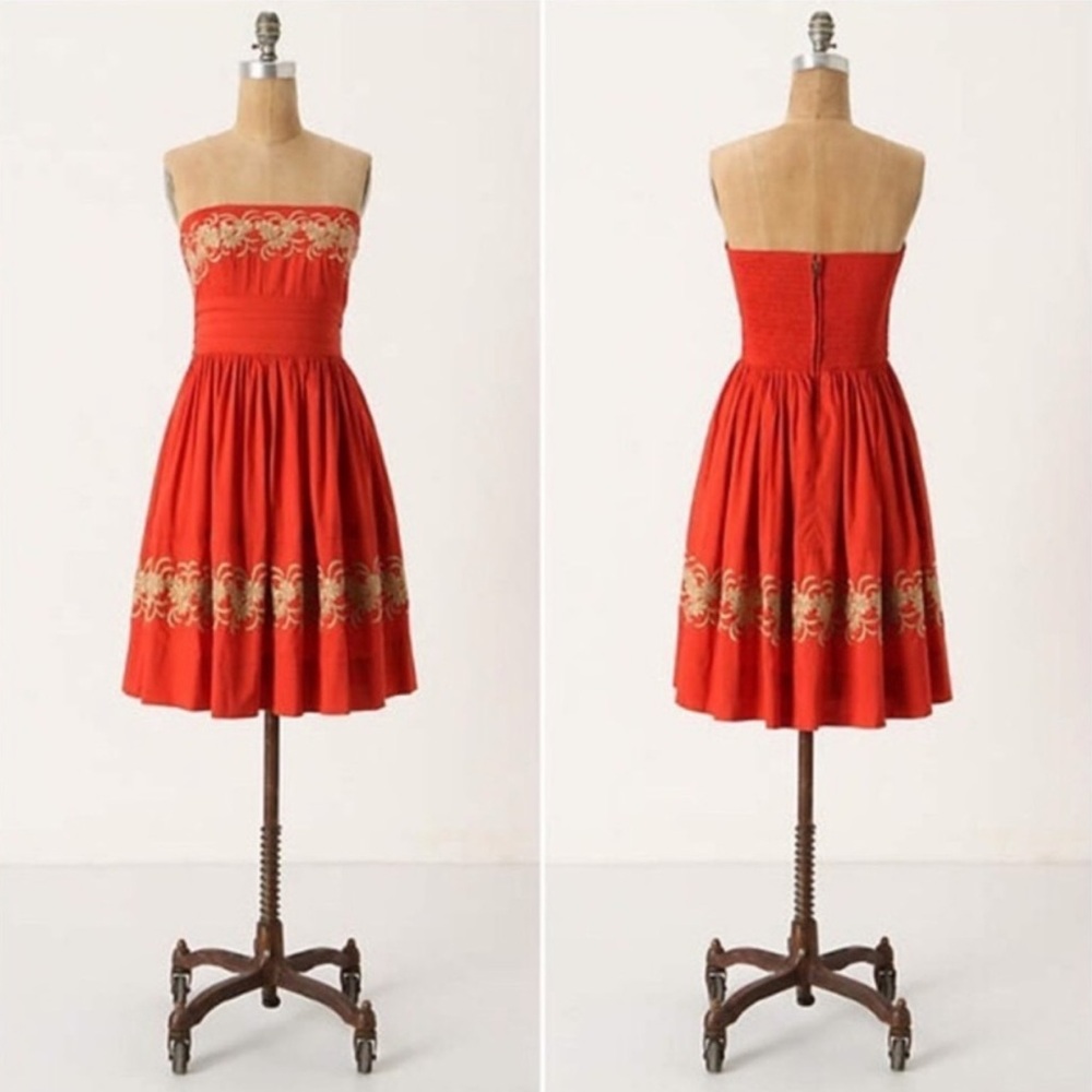 Anthropologie Around The Maypole Strapless‎ Mini Dress 0 Red Embroidered Chic